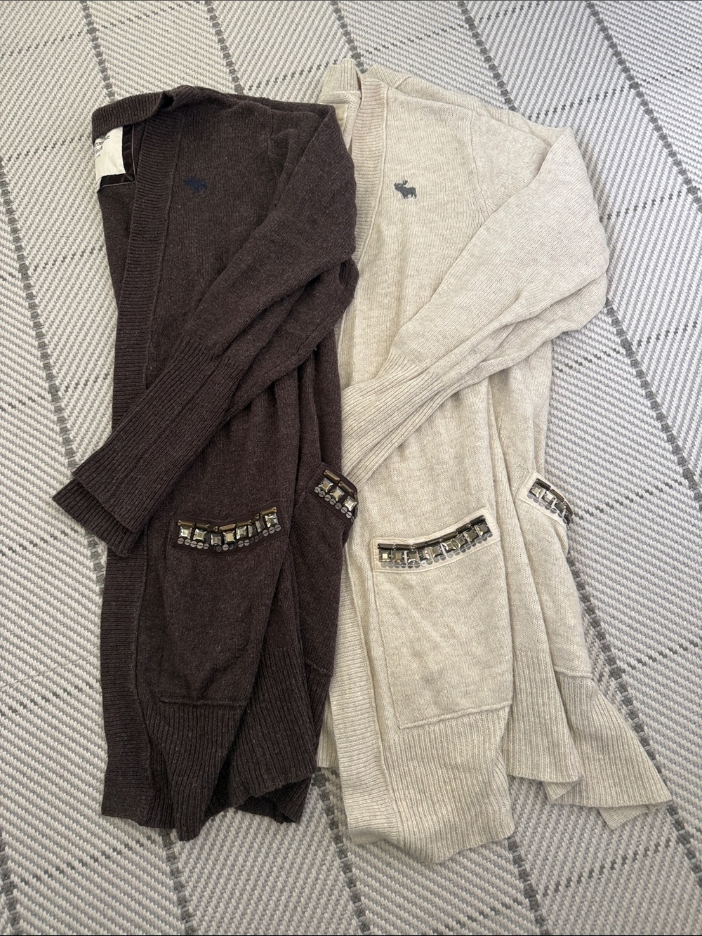 Abercrombie Embroidered Logo Long Cardigans - Brown & Cream